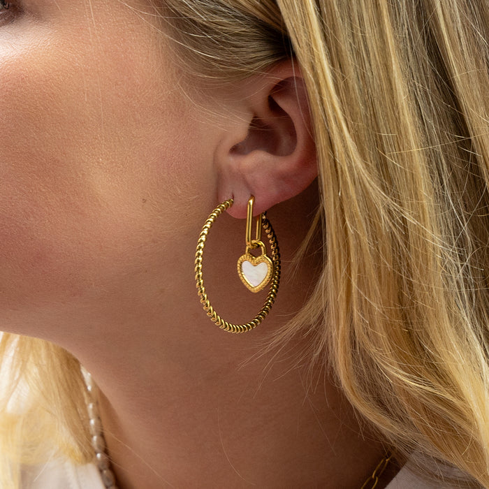 oozoo Goudkleurige oorbellen met zwart en witte hart