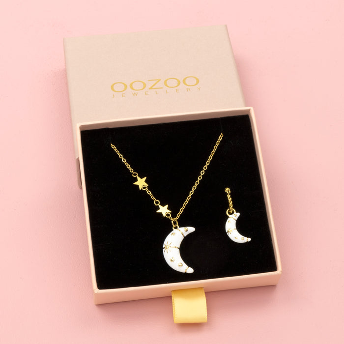 oozoo Goudkleurige oorring + ketting set met een maan bedeltje