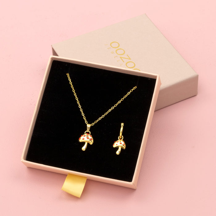 oozoo Goudkleurige oorring + ketting set met een paddenstoel bedeltje