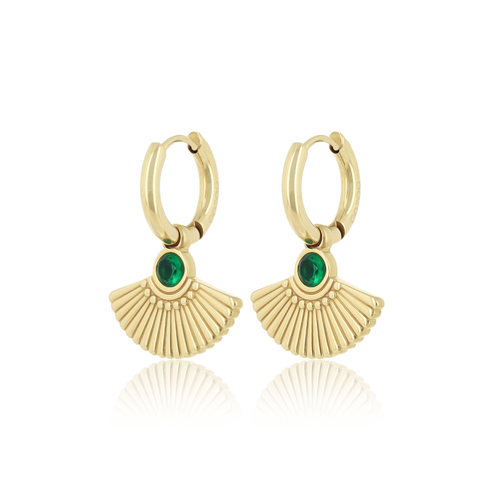 oozoo Goudkleurige oorringen met pauw staart en groen steentje