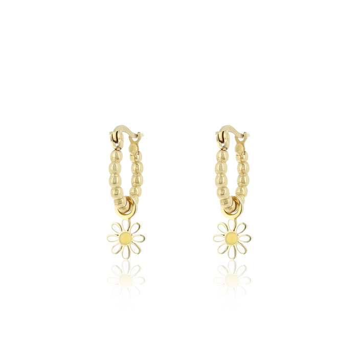 oozoo Goudkleurige oorringen met witte bloem bedeltje