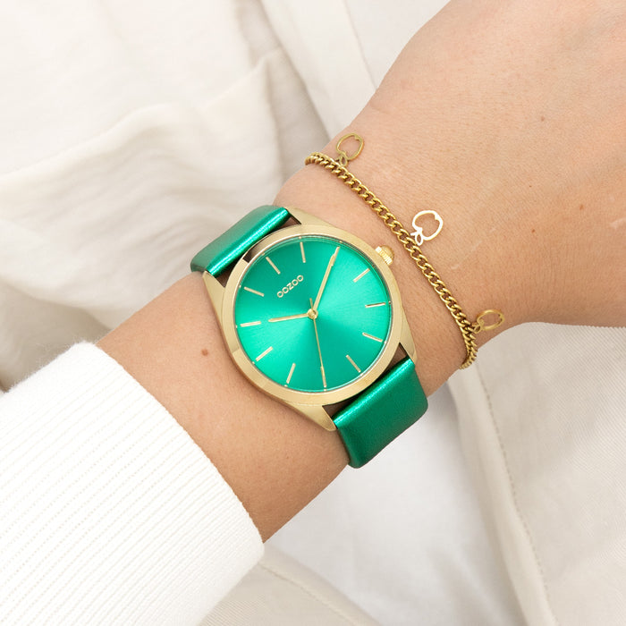 Oozoo Goudkleurige OOZOO Horloge Met Aqua Groene Leren Band - C11339