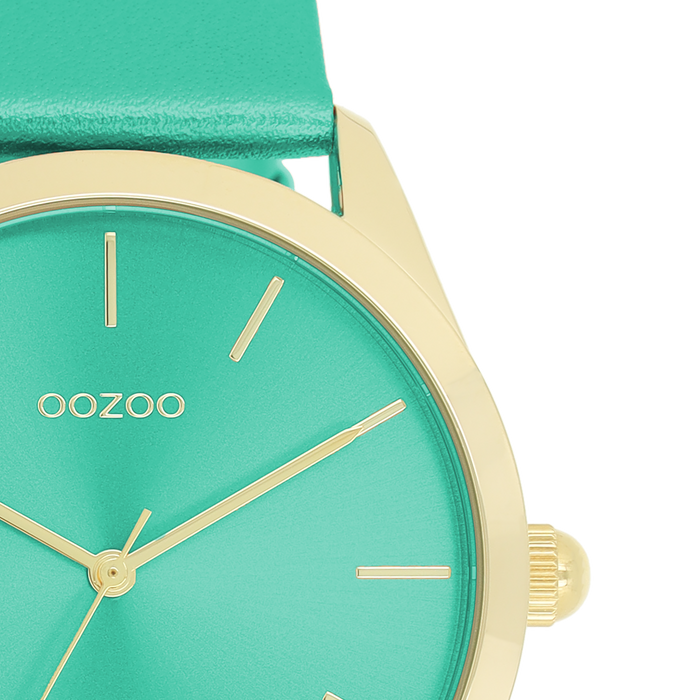 Oozoo Goudkleurige OOZOO Horloge Met Aqua Groene Leren Band - C11339