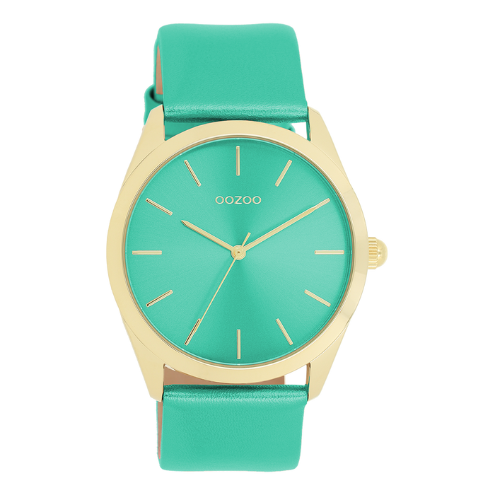 oozoo Goudkleurige OOZOO horloge met aqua groene leren band - C11339
