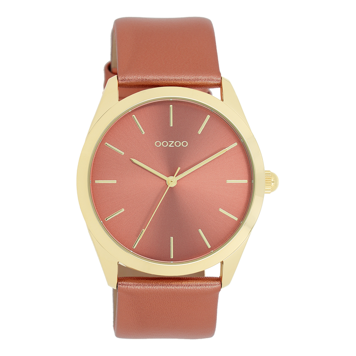 Oozoo Goudkleurige OOZOO Horloge Met Baksteen Rode Leren Band - C11334