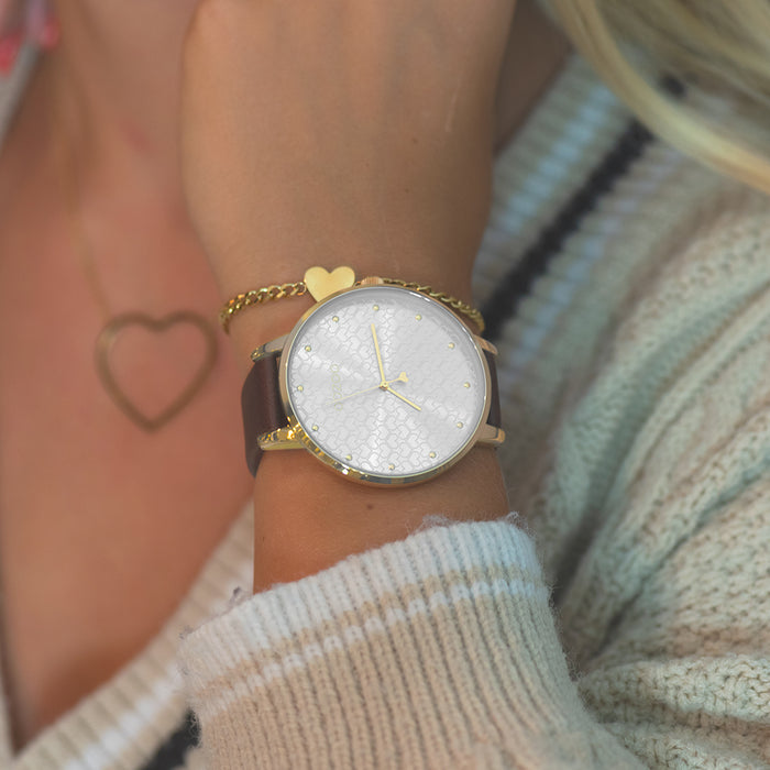 Oozoo Goudkleurige OOZOO Horloge Met Bruine Leren Band - C11038