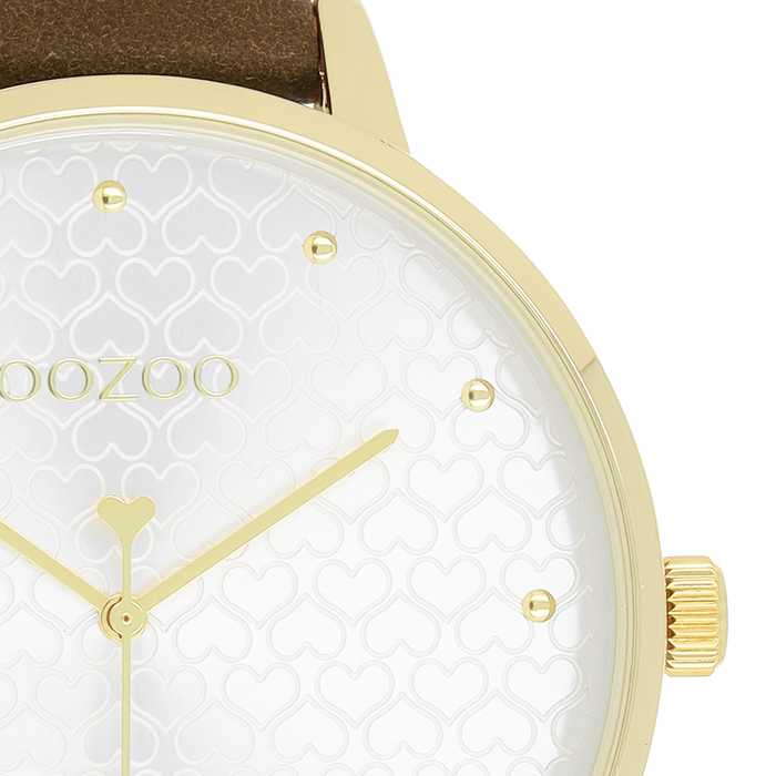 Oozoo Goudkleurige OOZOO Horloge Met Bruine Leren Band - C11038