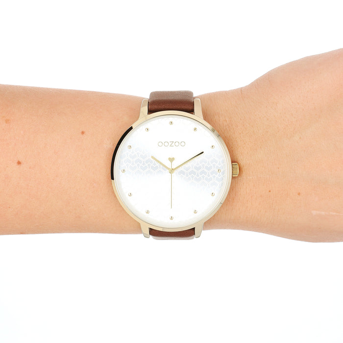 Oozoo Goudkleurige OOZOO Horloge Met Bruine Leren Band - C11038