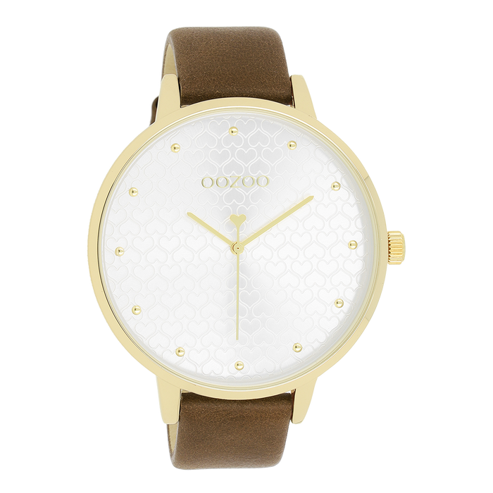 oozoo Goudkleurige OOZOO horloge met bruine leren band - C11038