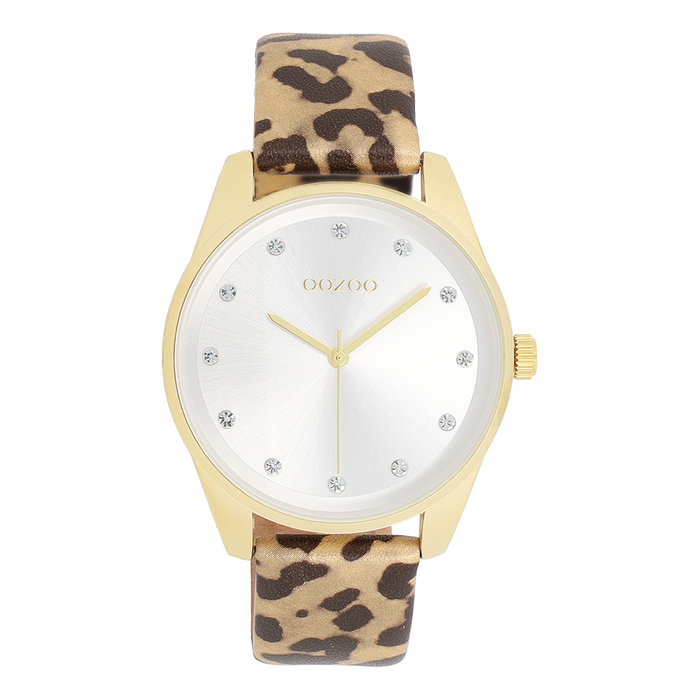 oozoo Goudkleurige OOZOO horloge met bruine leren band - C11375