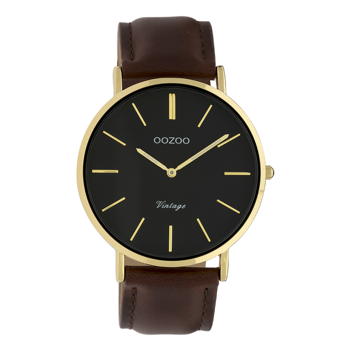 oozoo Goudkleurige OOZOO horloge met bruine leren band - C9833