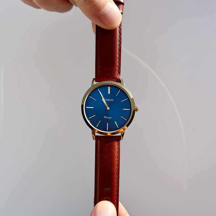 Oozoo Goudkleurige OOZOO Horloge Met Bruine Leren Band - C20388