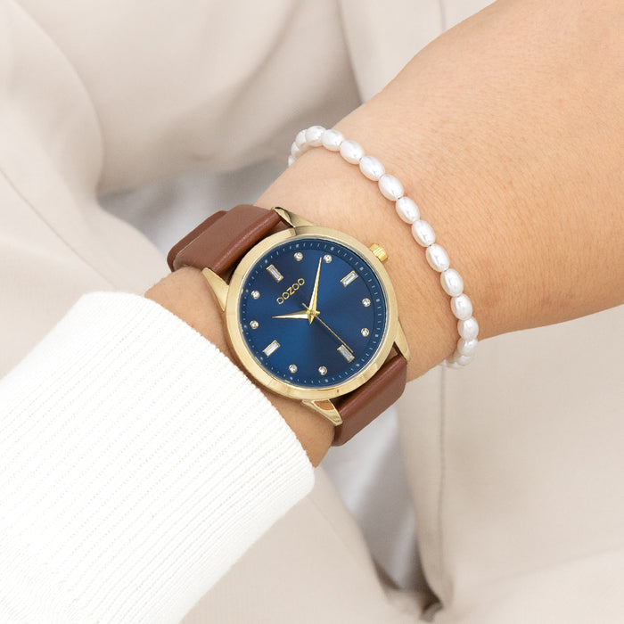 Oozoo Goudkleurige OOZOO Horloge Met Bruine Leren Band - C11438