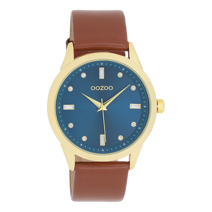 oozoo Goudkleurige OOZOO horloge met bruine leren band - C11438
