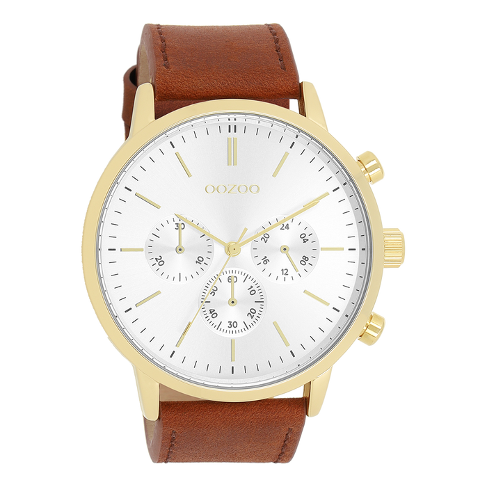 oozoo Goudkleurige OOZOO horloge met bruine leren band - C11201 oozoo Goudkleurige OOZOO horloge met bruine leren band - C11201