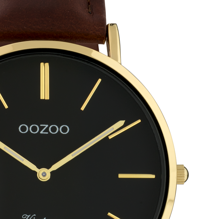 Oozoo Goudkleurige OOZOO Horloge Met Bruine Leren Band - C9833