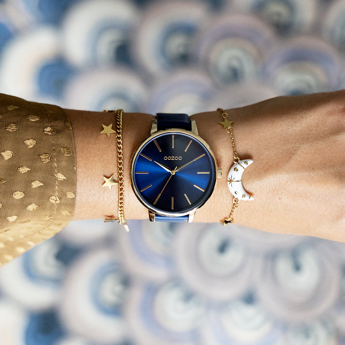 Oozoo Goudkleurige OOZOO Horloge Met Donker Blauwe Leren Band - C11292