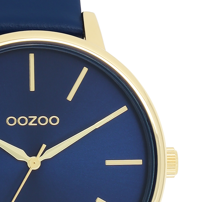 Oozoo Goudkleurige OOZOO Horloge Met Donker Blauwe Leren Band - C11292