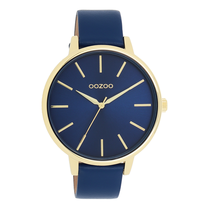 oozoo Goudkleurige OOZOO horloge met donker blauwe leren band - C11292