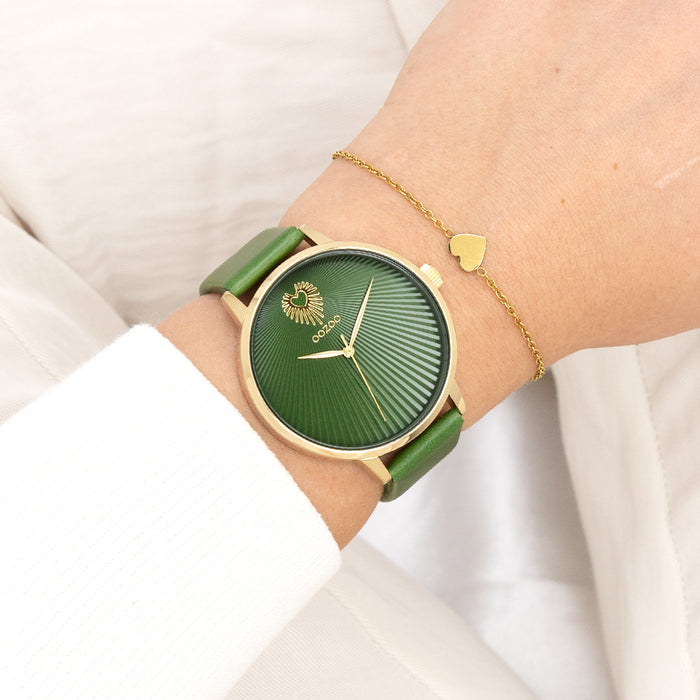 Oozoo Goudkleurige OOZOO Horloge Met Groene Leren Band - C11344