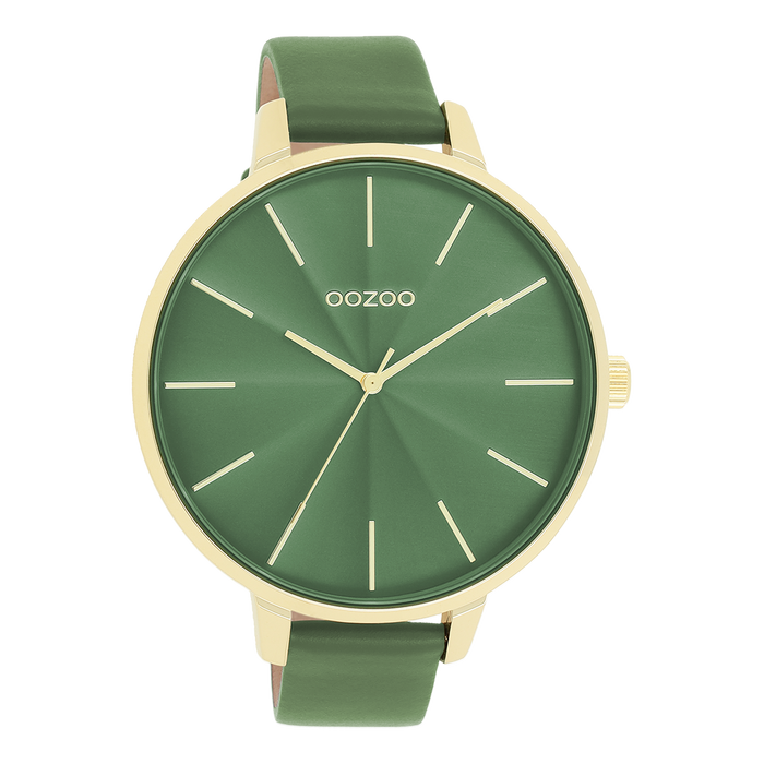 oozoo Goudkleurige OOZOO horloge met groene leren band - C11349