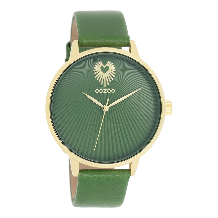 oozoo Goudkleurige OOZOO horloge met groene leren band - C11344