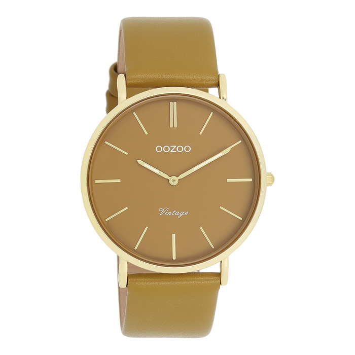 oozoo Goudkleurige OOZOO horloge met olijf groene leren band - C20327