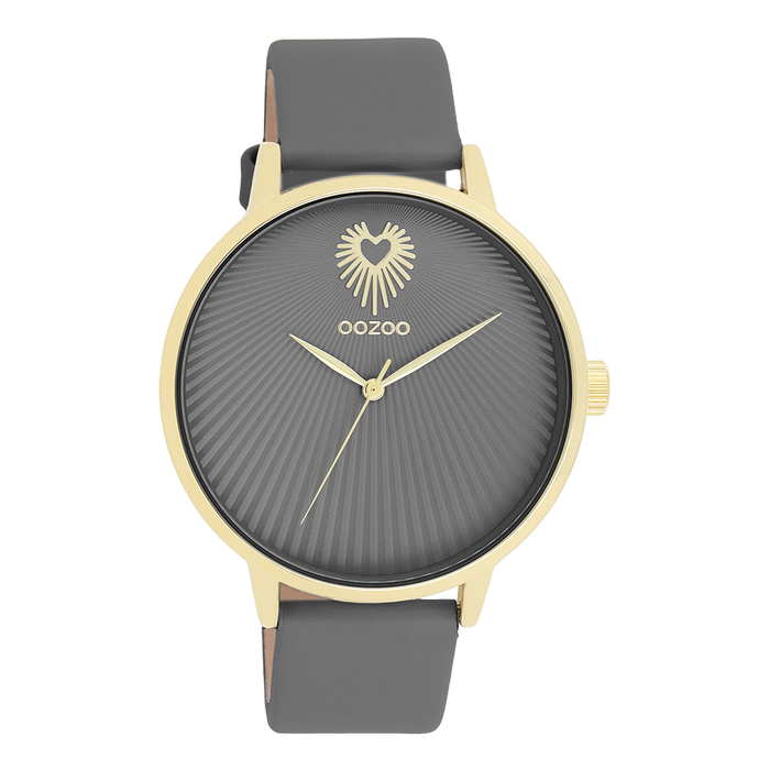 oozoo Goudkleurige OOZOO horloge met rook grijze leren band - C11244