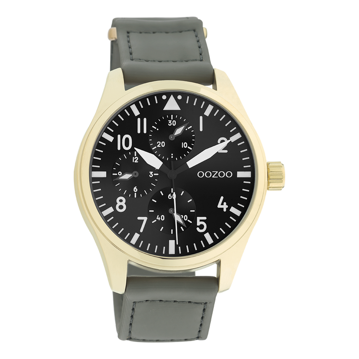 oozoo Goudkleurige OOZOO horloge met steengrijze klittenband polsband - C11008