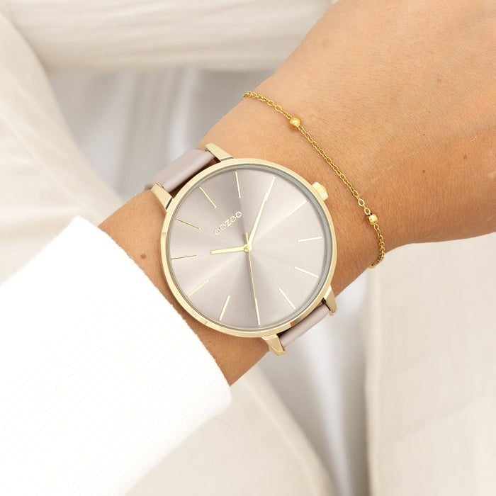 Oozoo Goudkleurige OOZOO Horloge Met Taupe Leren Band - C11256