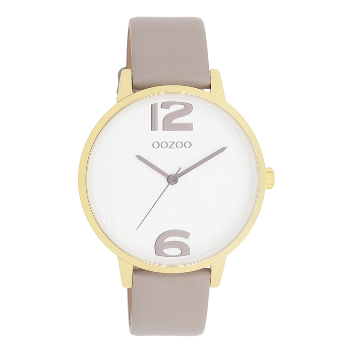 oozoo Goudkleurige OOZOO horloge met taupe leren band - C11236