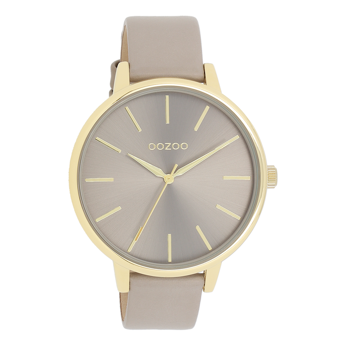 oozoo Goudkleurige OOZOO horloge met taupe leren band - C11291