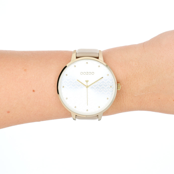 Oozoo Goudkleurige OOZOO Horloge Met Taupe Leren Band - C11037