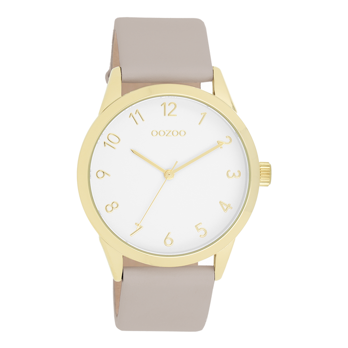 oozoo Goudkleurige OOZOO horloge met taupe leren band - C11327