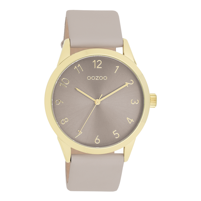 oozoo Goudkleurige OOZOO horloge met taupe leren band - C11328