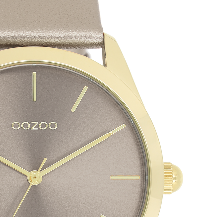 Oozoo Goudkleurige OOZOO Horloge Met Taupe Leren Band - C11333