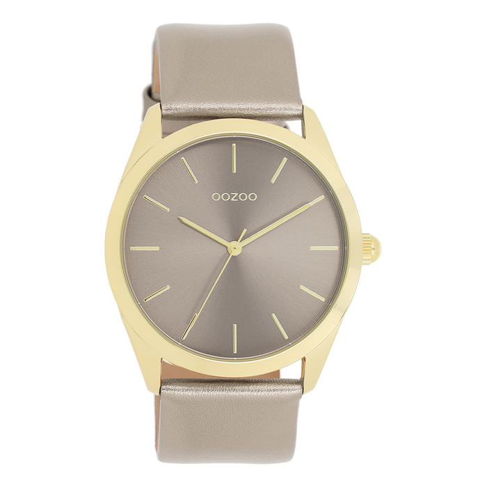 oozoo Goudkleurige OOZOO horloge met taupe leren band - C11333