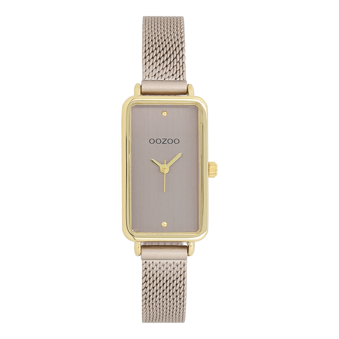 oozoo Goudkleurige OOZOO horloge met taupe metalen mesh armband - C11534