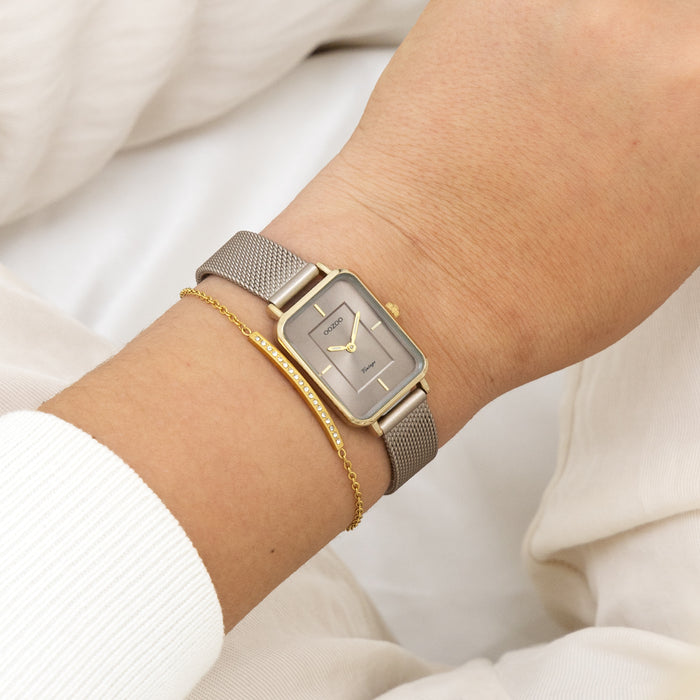 Oozoo Goudkleurige OOZOO Horloge Met Taupe Metalen Mesh Armband - C20384