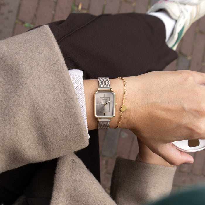 Oozoo Goudkleurige OOZOO Horloge Met Taupe Metalen Mesh Armband - C20384