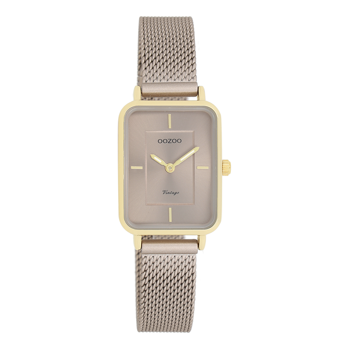 oozoo Goudkleurige OOZOO horloge met taupe metalen mesh armband - C20384