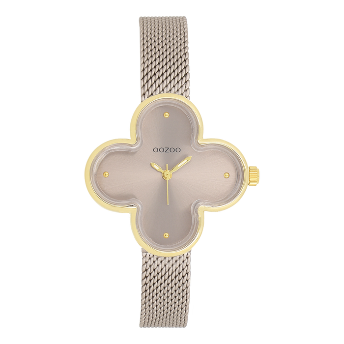 oozoo Goudkleurige OOZOO horloge met taupe metalen mesh armband - C11528 oozoo Goudkleurige OOZOO horloge met taupe metalen mesh armband - C11528