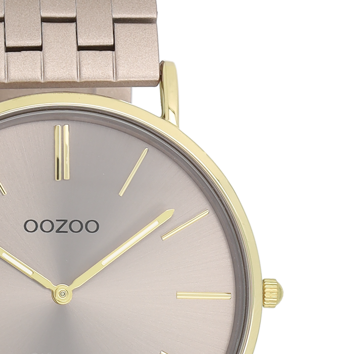 Oozoo Goudkleurige OOZOO Horloge Met Taupe Roestvrijstalen Armband - C20404