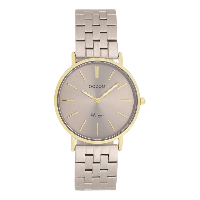 oozoo Goudkleurige OOZOO horloge met taupe roestvrijstalen armband - C20409