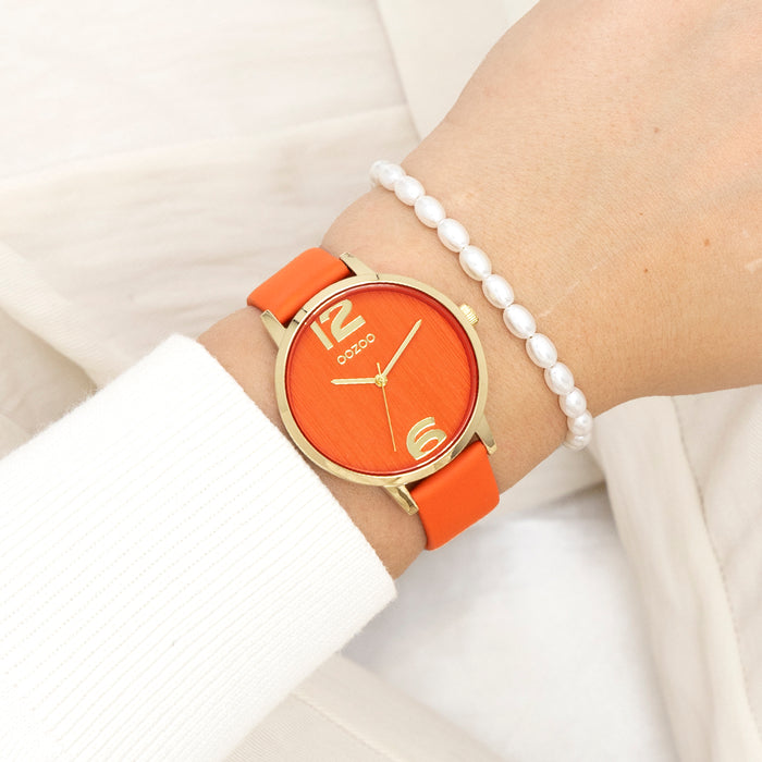 Oozoo Goudkleurige OOZOO Horloge Met Warm Oranje Leren Band - C11341