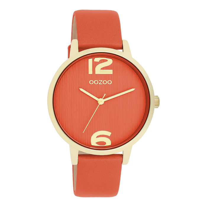 oozoo Goudkleurige OOZOO horloge met warm oranje leren band - C11341