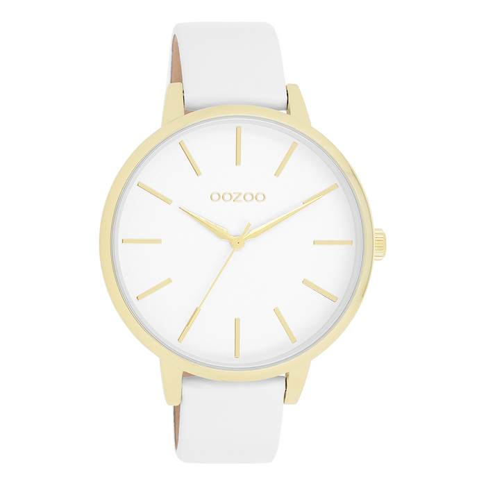 oozoo Goudkleurige OOZOO horloge met witte leren band - C11359