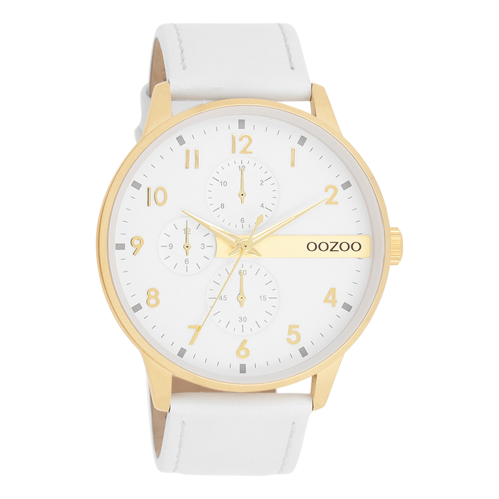 oozoo Goudkleurige OOZOO horloge met witte leren band - C11305