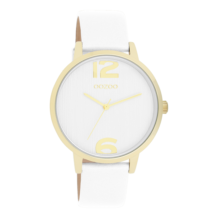 oozoo Goudkleurige OOZOO horloge met witte leren band - C11340