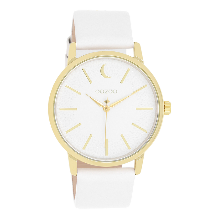 oozoo Goudkleurige OOZOO horloge met witte leren band - C11156